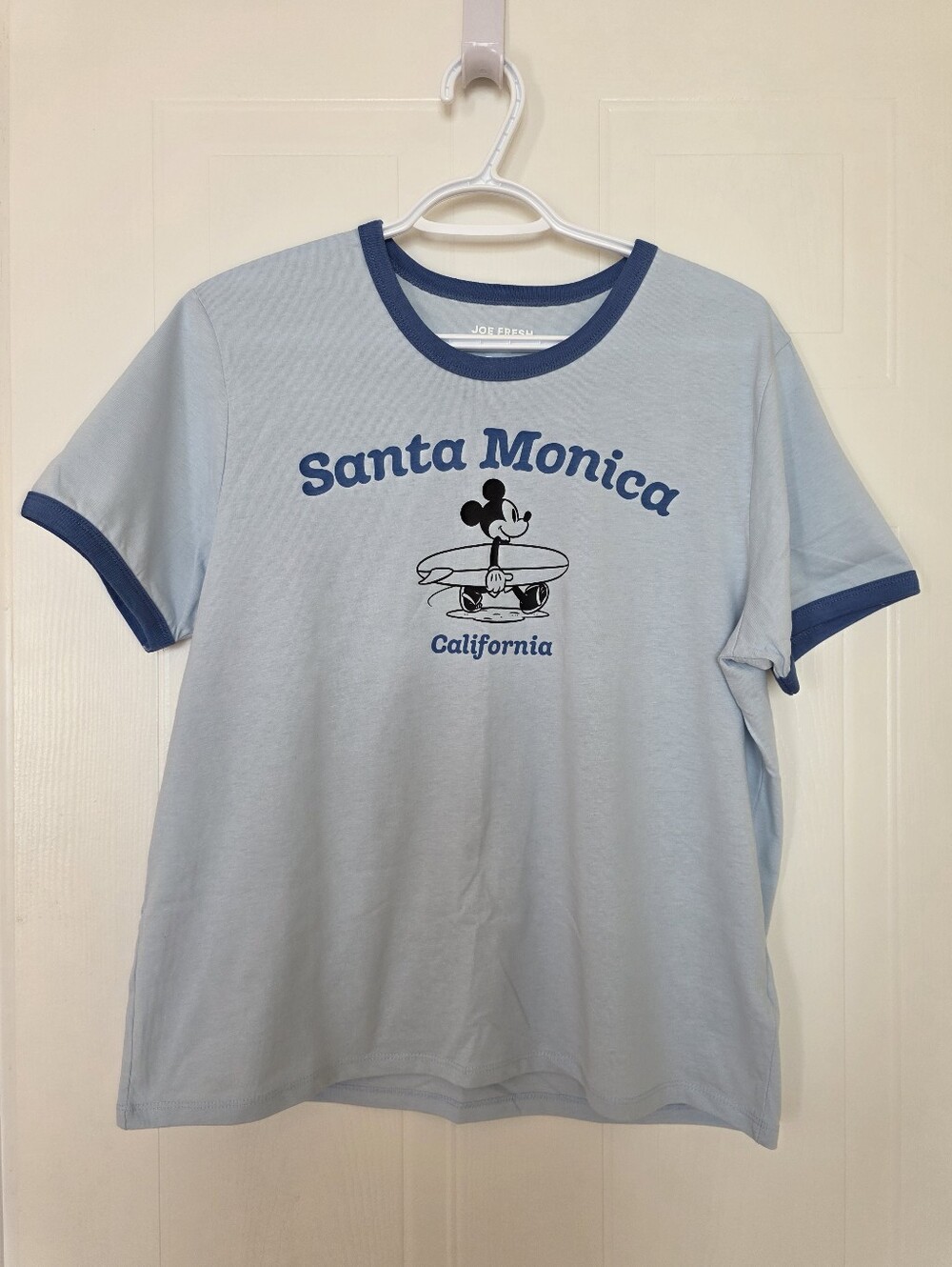 Disney X Joe Fresh Surfing Mickey Mouse Ringer Crew Neck Tee Shirt, Blue, Medium